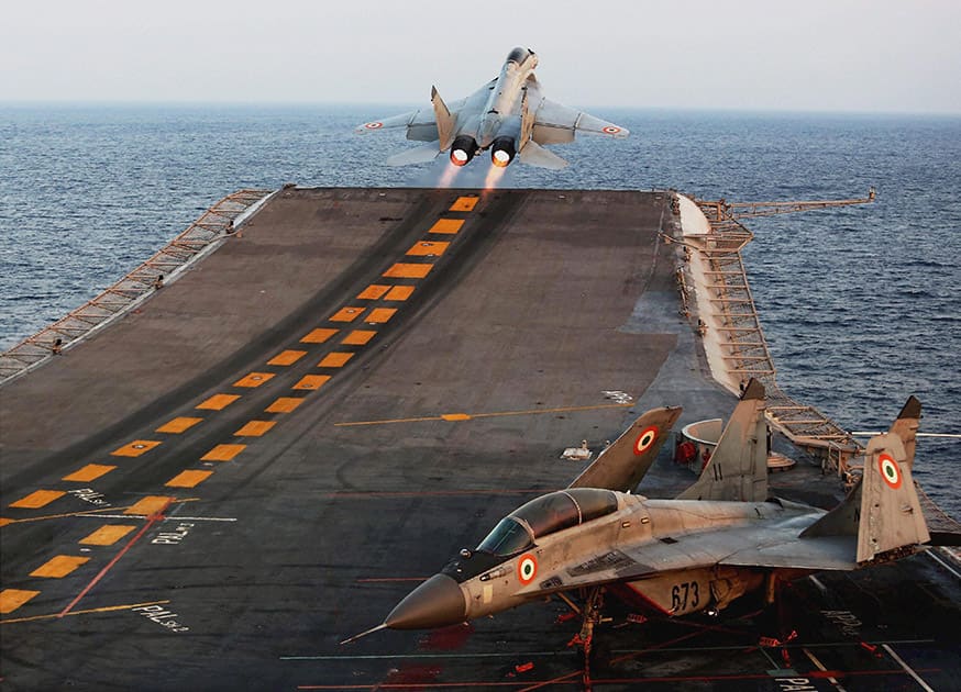 MiG 29K high speed run being demonstrated during Theatre Readiness Operational Level Exercise (TROPEX-2015), off the coast of Goa in the Arabian Sea.