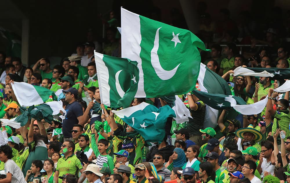 Pakistan cricket fans wave their national flag during the World Cup Pool B match between India and Pakistan in Adelaide, Australia.