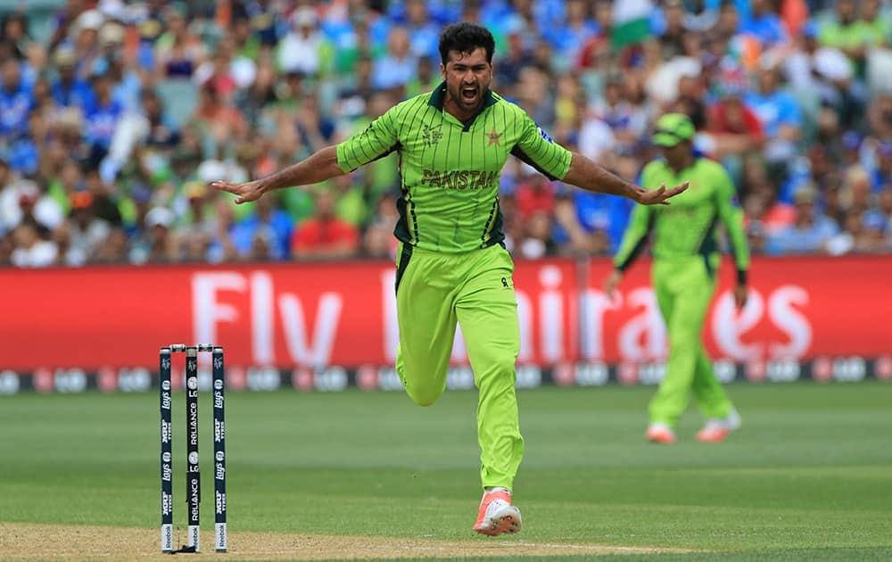 Pakistan bowler Sohail Khan celebrates a wicket during the World Cup Pool B match against India in Adelaide