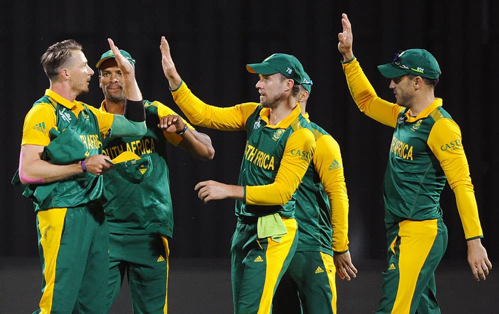 South Africa's Dale Steyn, celebrates with teammates after dismissing Zimbabwe's Craig Ervine for 13 runs during their Cricket World Cup pool B match at Hamilton, New Zealand.