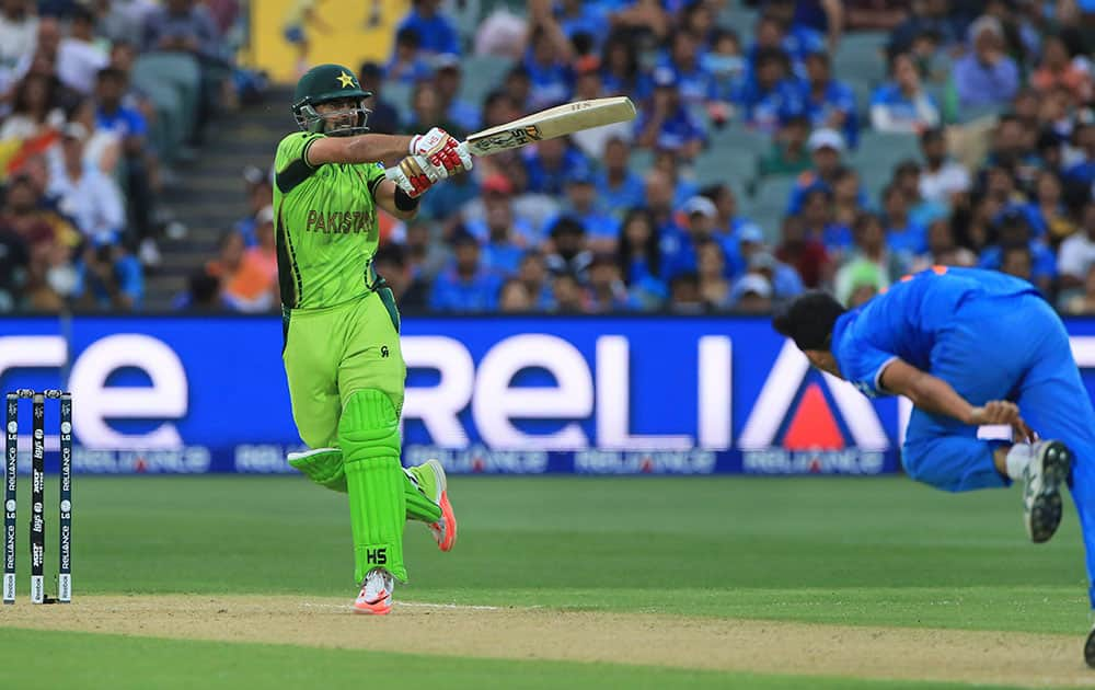 Pakistan's Ahmed Shehzad plays a shot during the World Cup Pool B match against India in Adelaide.