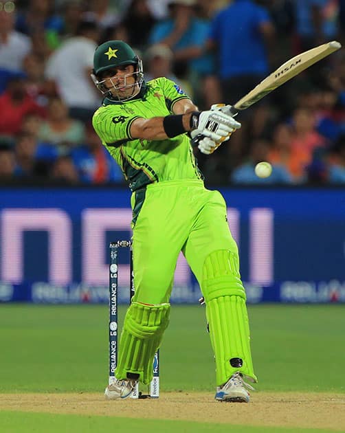 Pakistan's captain Misbah-ul-Haq plays a shot during the World Cup Pool B match against India in Adelaide, Australia.