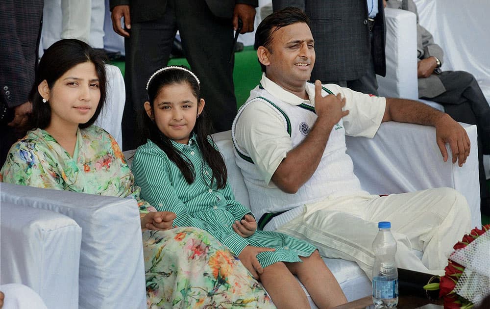 Uttar Pradesh Chief Minister Akhilesh Yadav with wife Dimple Yadav (MP) enjoying the match between CM and IAS Eleven cricket match in Lucknow.