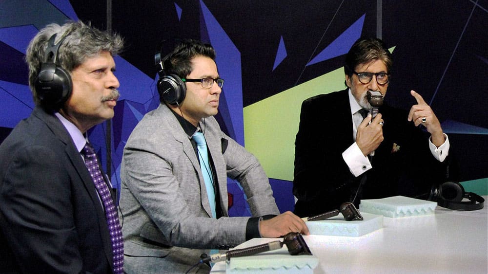 Kapil Dev, Akash Chopra and Amitabh Bachchan doing commentary during the India-Pakistan world cup cricket match from the Star Sports Studio in Mumbai.