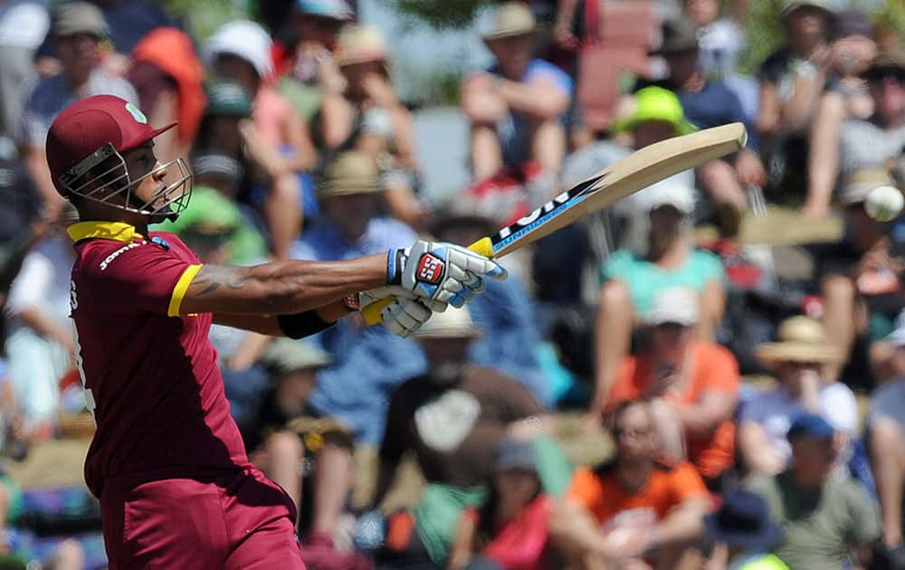 West Indies' Lendl Simmons pulls the ball against Ireland during their Cricket World Cup pool B match at Nelson, New Zealand.