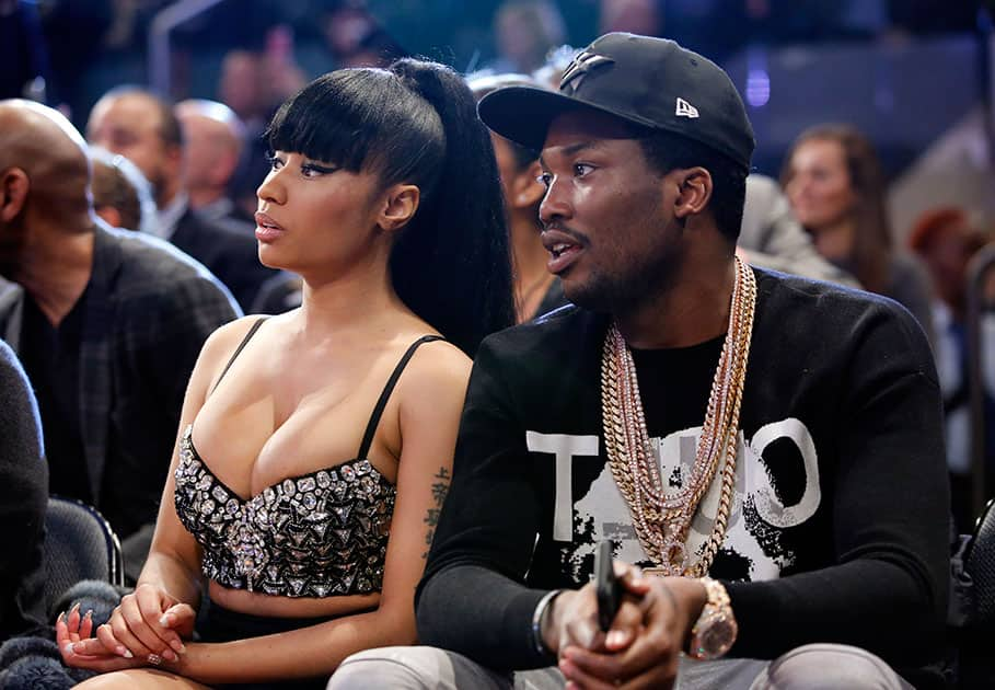 Nikki Minaj, watches the second half of the NBA All-Star basketball game, in New York.