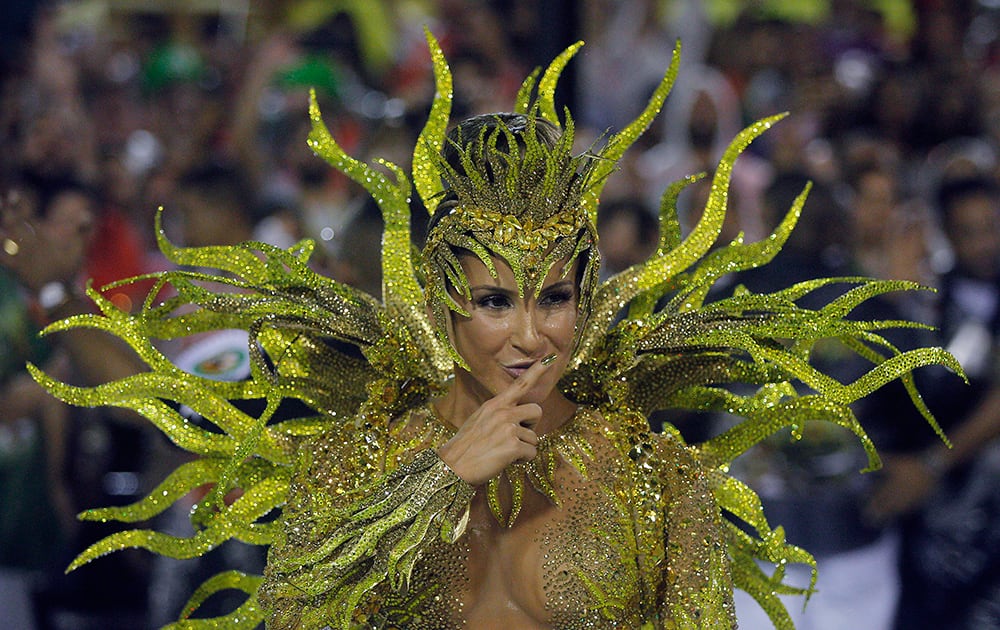 Drum Queen and singer Claudia Leitte from the Mocidade samba school, performs during Carnival celebrations at the Sambadrome in Rio de Janeiro, Brazil.