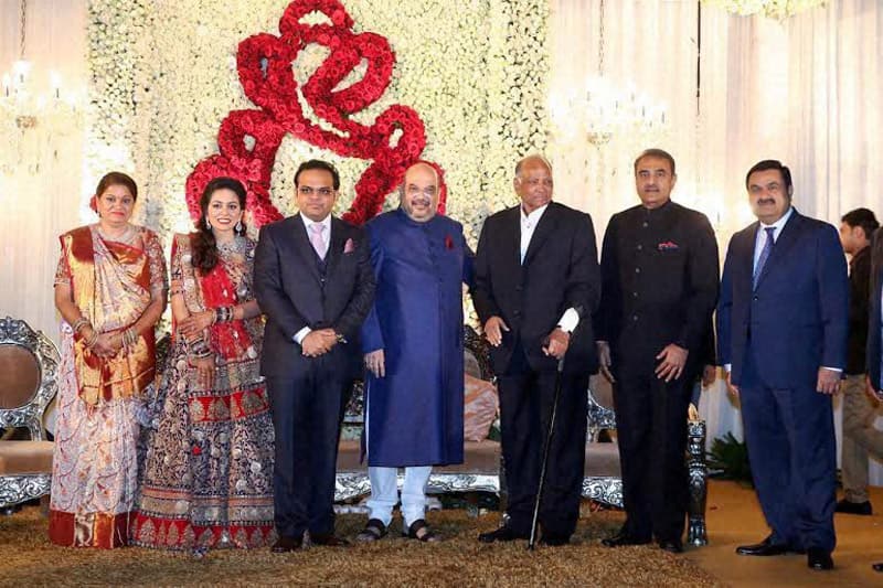 NCP leaders Sharad Pawar, Praful Patel and industrialist Gautam Adani at the wedding reception of BJP President Amit Shah's son Jay and Rishita in New Delhi.