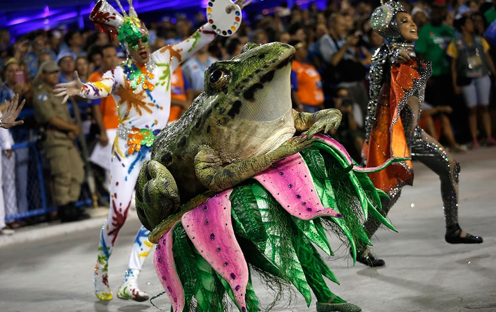 Performers from the Portela samba school, parade during Carnival celebrations at the Sambadrome in Rio de Janeiro, Brazil.