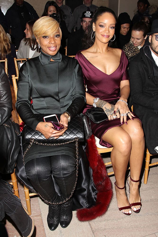 Mary J. Blige and Rihanna attend the Zac Posen Fall 2015 show during Fashion Week in New York.