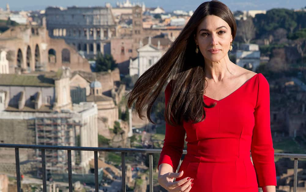 Actress Monica Bellucci poses during a photo call for the latest James Bond movie 'Spectre', in Rome.