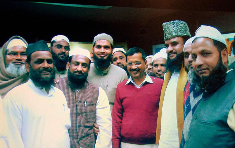 Delhi Chief Minister Arvind Kejriwal with the delegation of Imams during a meeting at Delhi Secretariat in New Delhi.