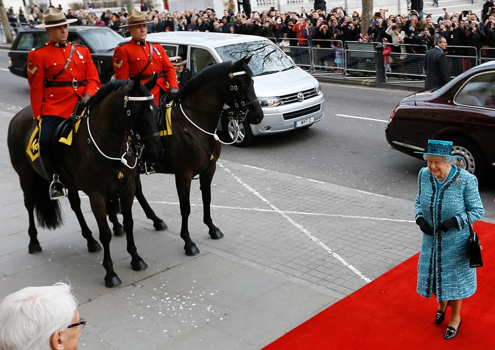 Britain's Queen Elizabeth II arrives to officially reopen Canada House following an extensive programme of restoration and refurbishment, on Trafalgar Square in London.