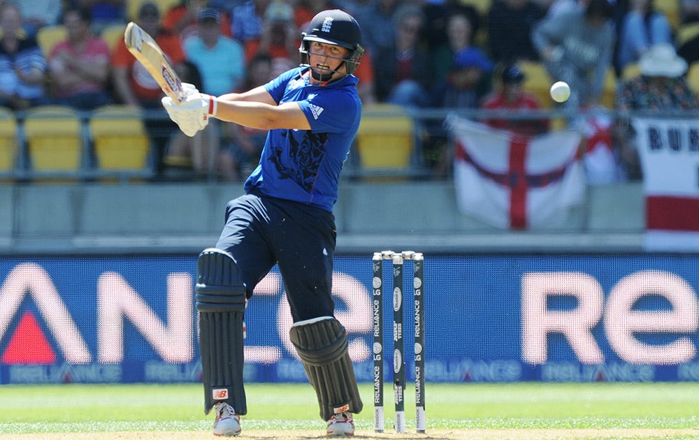 England's Gary Balance plays a shot to New Zealand fielder Kane Williamson (not pictured) to be caught out for 10 runs during their Cricket World Cup match in Wellington, New Zealand.