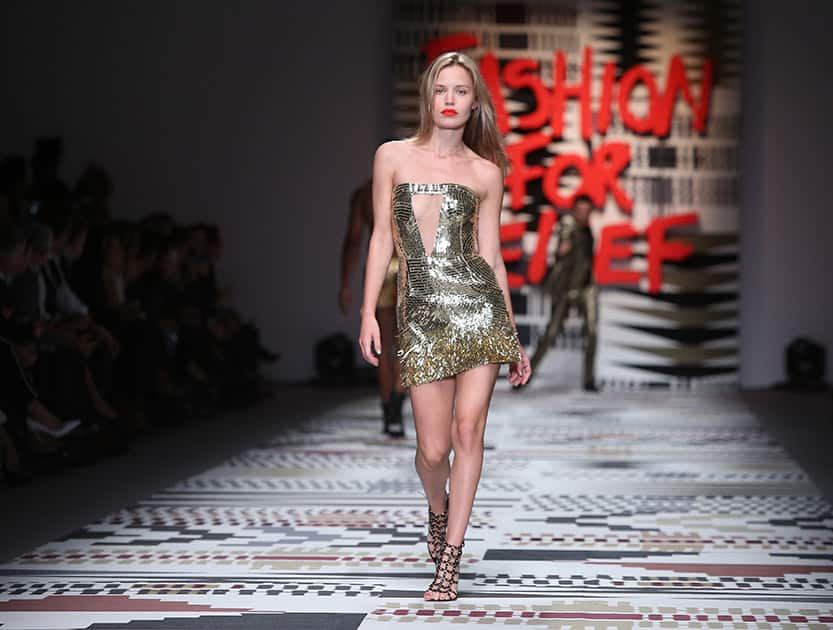 Model Georgia May Jagger wears a creation for Naomi Campbell's Fashion For Relief Foundation that is fighting against the ebola epidemic, at the BFC show space at Somerset House in central London.