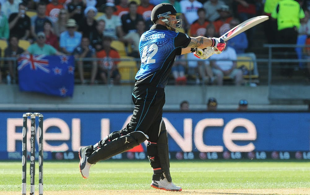 New Zealand batsman Brendon McCullum bats during their Cricket World Cup match against England in Wellington, New Zealand.