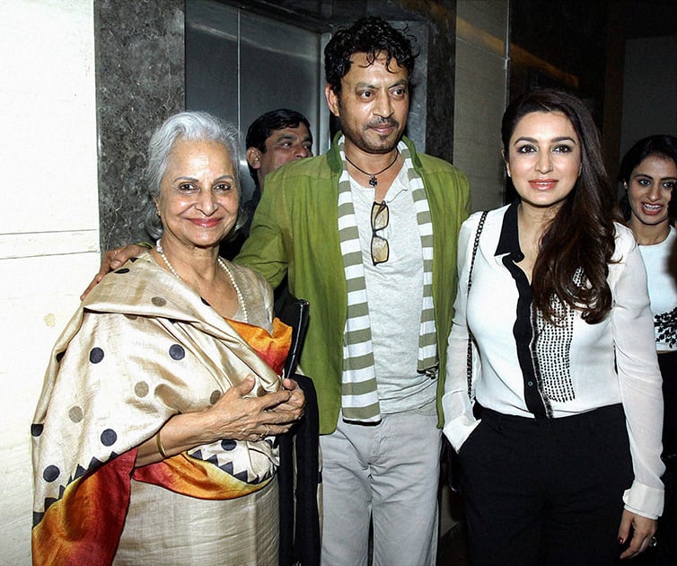 Bollywood actors Waheeda Rehman, Irrfan Khan and Tisca Chopra during the screening of film Qissa in Mumbai.