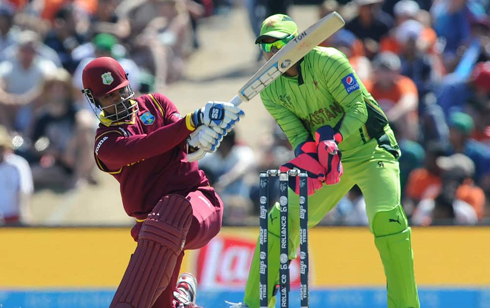 West Indies batsman Denesh Ramdin plays a shot during their Cricket World Cup match against Pakistan in Christchurch, New Zealand.