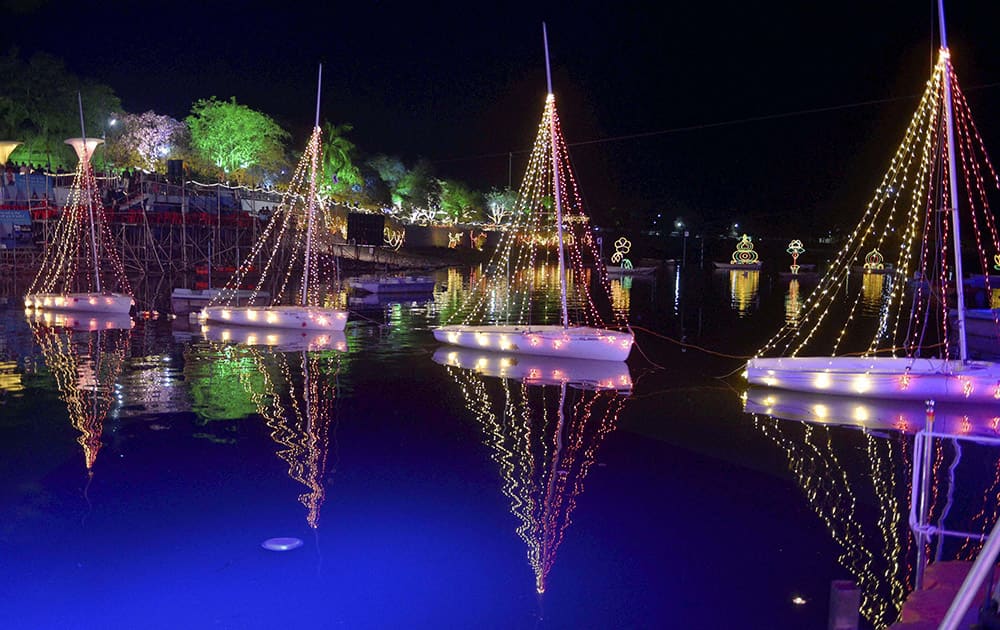 A scene of decorated Upper Lake during Jheel Mahotsav organised by Department of Sports and Youth Welfare in Bhopal.