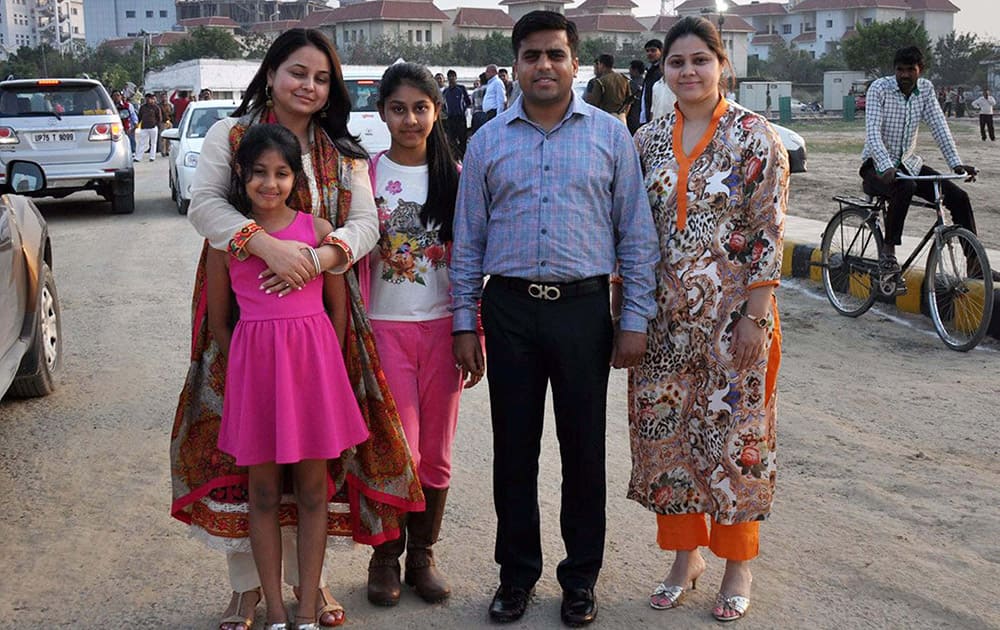 Tej Pratap Singh Yadav, grand-nephew of SP supremo Mulayam Singh Yadav, with other relatives a day before his Tilak ceremony in Saifai.