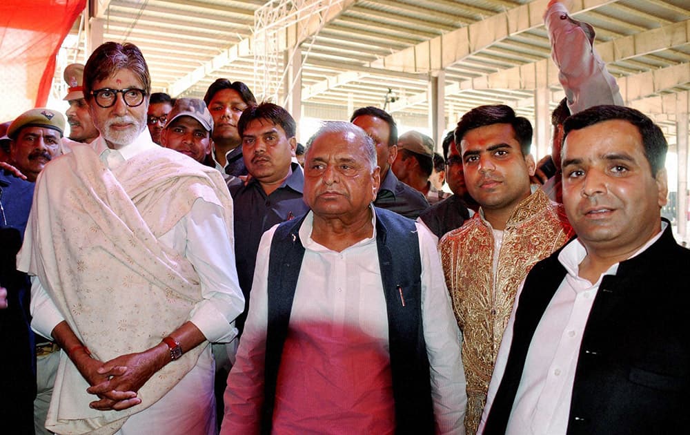 Actor Amitabh Bachchan at the Tilak ceremony of Tej Pratap Singh Yadav, grand-nephew of SP supremo Mulayam Singh Yadav (C) and Raj Laxmi, daughter of Lalu Prasad, in Saifai.