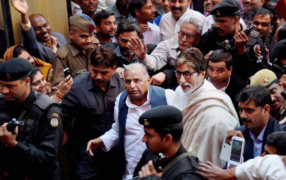 Actor Amitabh Bachchan at the Tilak ceremony of Tej Pratap Singh Yadav, grand-nephew of SP supremo Mulayam Singh Yadav and Raj Laxmi, daughter of Lalu Prasad, in Saifai.