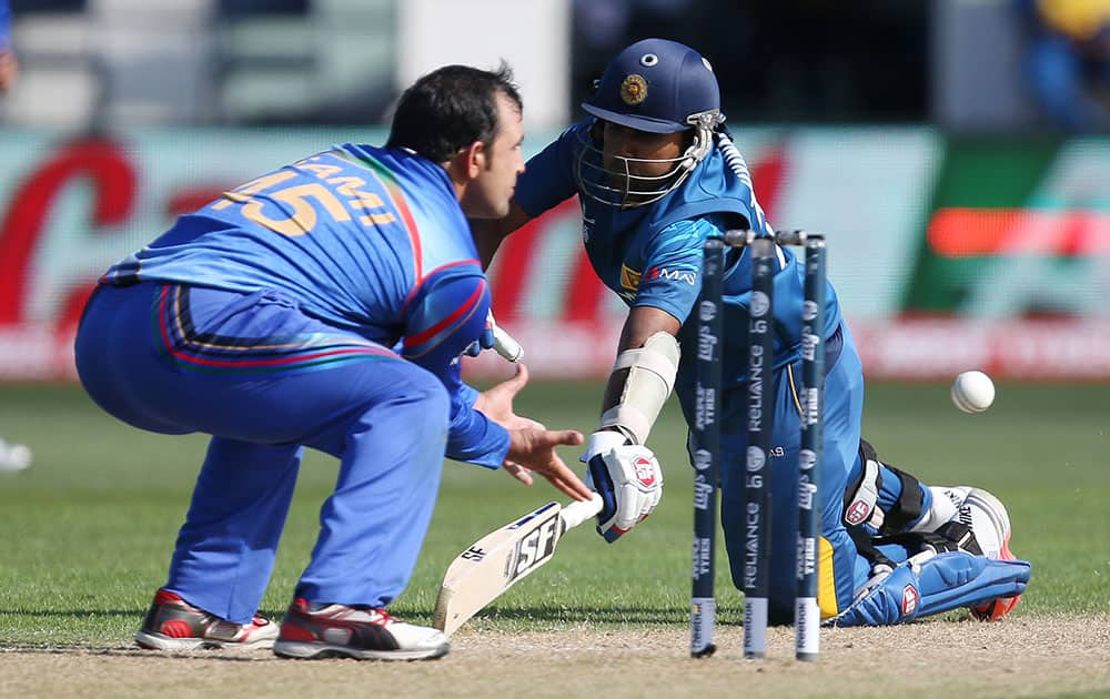 Sri Lanka's Mahela Jayawardena dives to make his ground as Afghanistan’s Samiullah Shenwari attempts to catch the ball during their Cricket World Cup match in Dunedin, New Zealand.