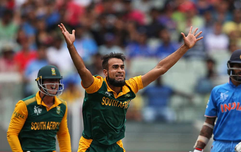 South Africa's Imran Tahir appeals unsuccessfully for an Indian wicket during their Cricket World Cup pool B match in Melbourne, Australia.