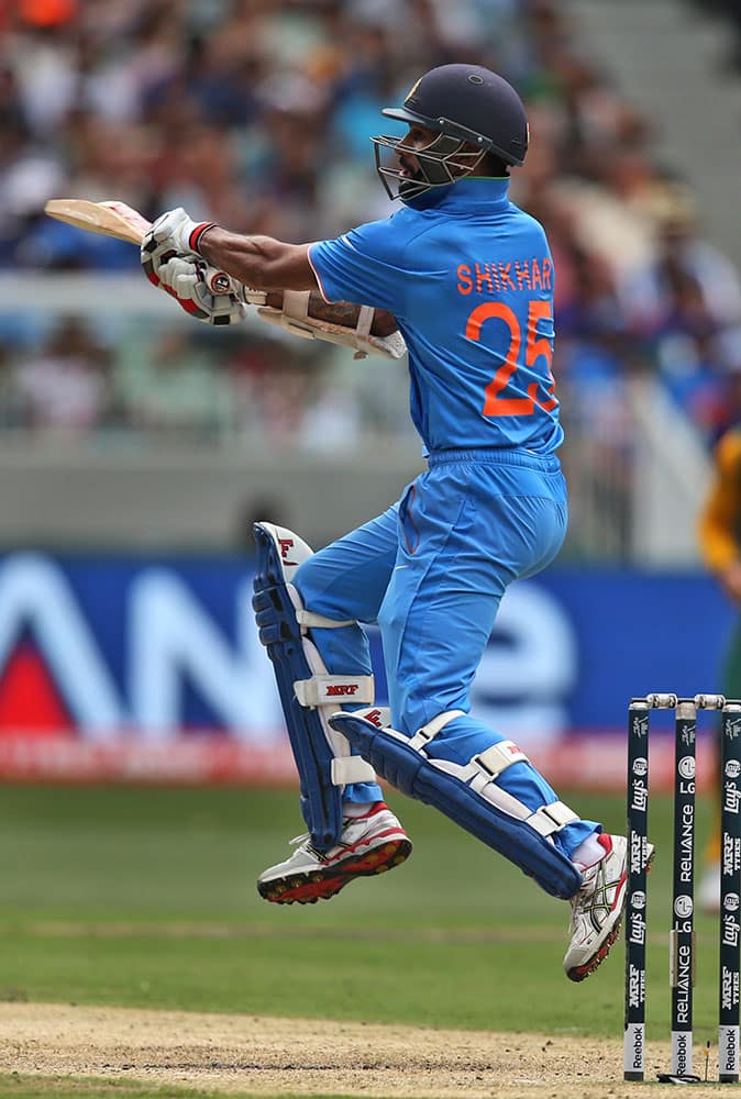 India's Shikhar Dhawan bats during their Cricket World Cup pool B match against South Africa in Melbourne, Australia.