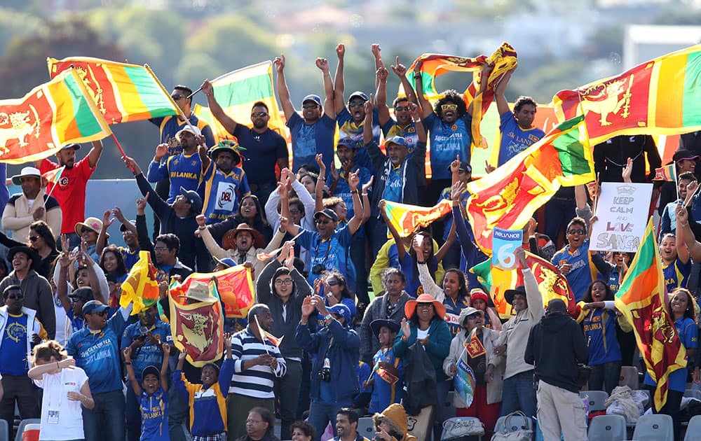 Sri Lankan fans cheer their team on during their Cricket World Cup win over Afghanistan in Dunedin, New Zealand.