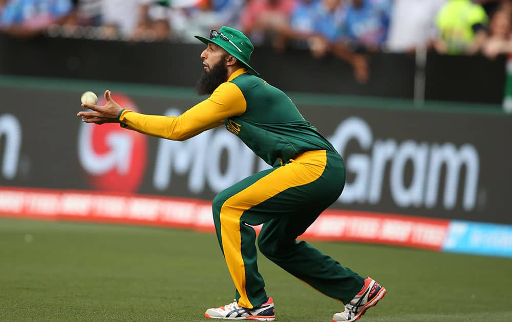 South Africa's Hashim Amla takes a catch to dismiss India's Shikar Dhawan during their Cricket World Cup pool B match in Melbourne, Australia.