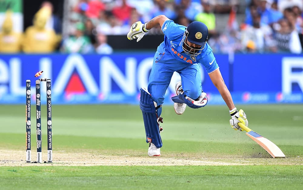 India's Ravindra Jadeja is run out during their Cricket World Cup pool B match against South Africa in Melbourne, Australia.