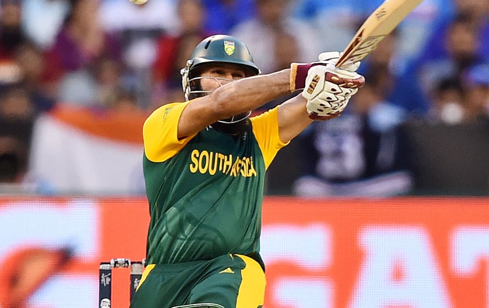 South Africa's Hashim Amla plays at the ball their Cricket World Cup pool B match against India in Melbourne, Australia