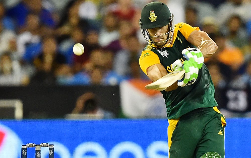 South Africa's Francois Du Plessis plays the shot that he was caught out on during their Cricket World Cup pool B match against India in Melbourne, Australia.