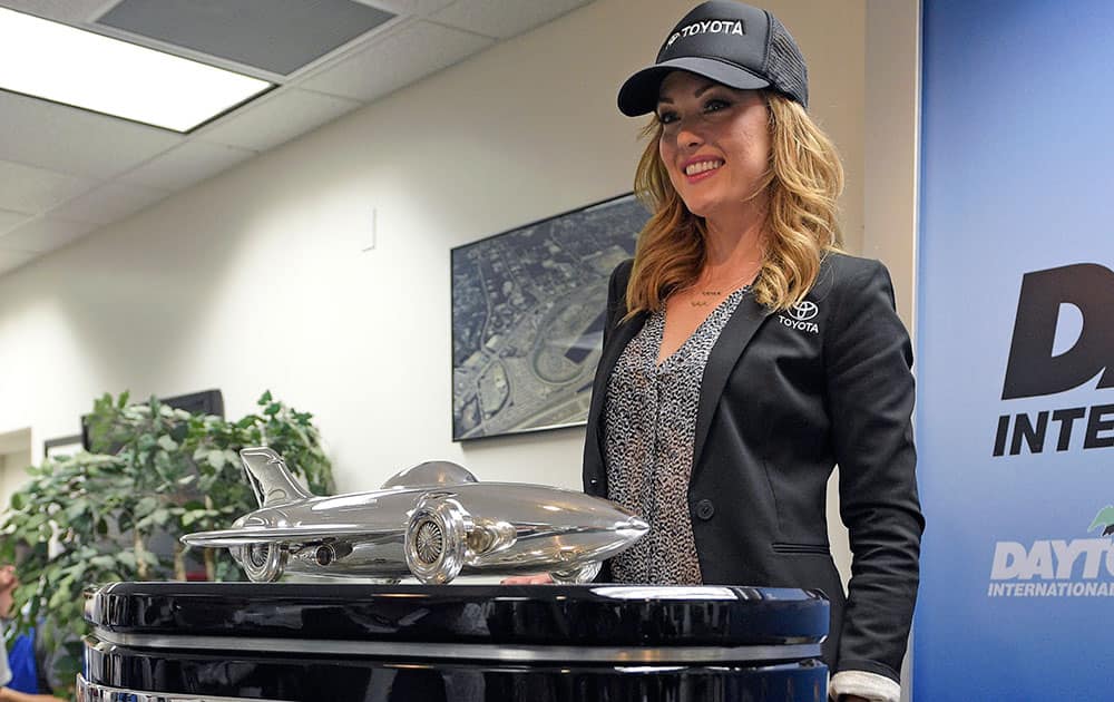 Actress, model, world-class snowboarder and 2014 Paralympic bronze medalist Amy Purdy answers questions at a news conference before the Daytona 500 NASCAR Sprint Cup series auto race at Daytona International Speedway, in Daytona Beach, Fla. Purdy will be driving the pace car for the race. 