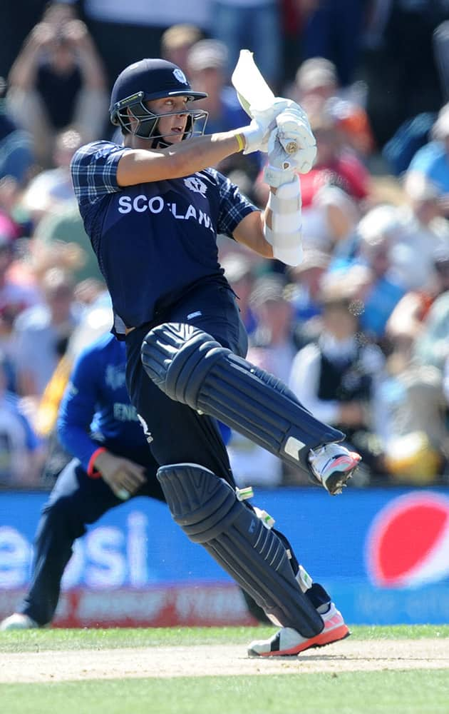 Scotland's Freddie Coleman plays a shot during their Cricket World Cup match against England in Christchurch, New Zealand.