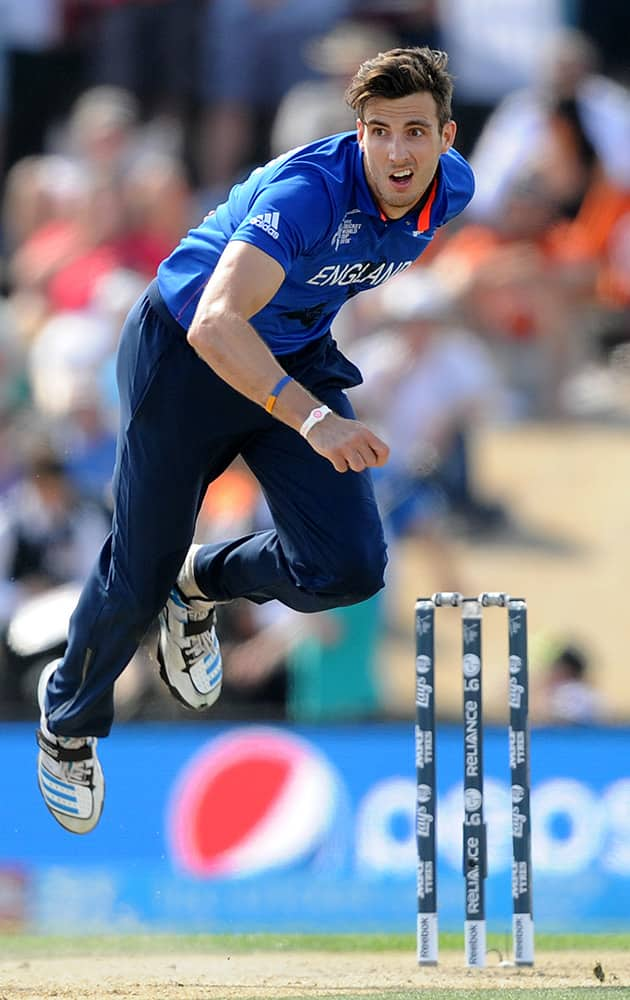 England's Steven Finn bowls during their Cricket World Cup match against Scotland in Christchurch, New Zealand.