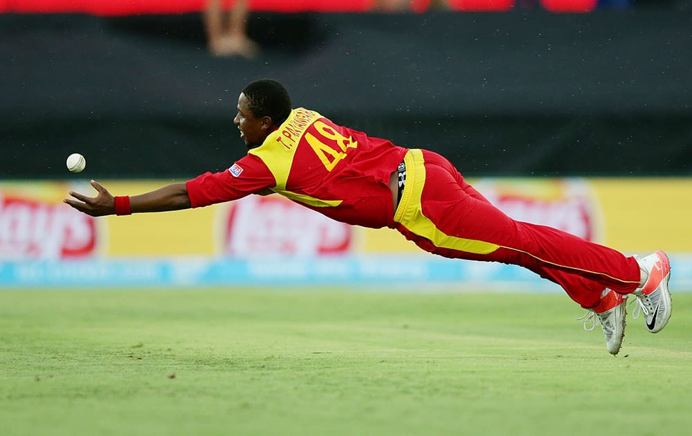 Zimbabwe's Tinashe Panyangara is airborne as he attempts to take a catch during their Cricket World Cup Pool B match against the West Indies in Canberra, Australia.