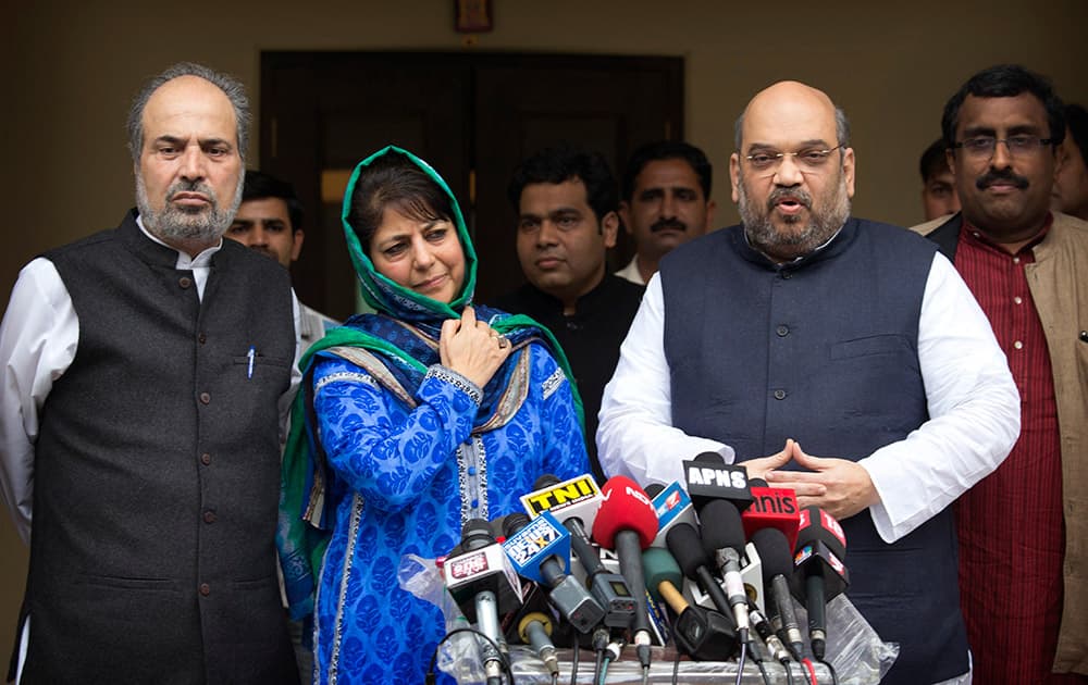 Bharatiya Janata Party (BJP) president Amit Shah addresses the media after a meeting with Kashmir’s regional Peoples' Democratic Party (PDP) leader Mehbooba Mufti in New Delhi.