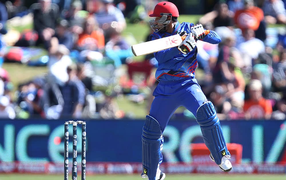 Afghanistan's Ahmadi Javed bats during their Cricket World Cup Pool A match against Scotalnd in Dunedin, New Zealand.