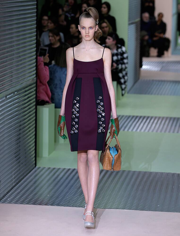 A model wears a creation for Prada women's Fall-Winter 2015-2016 collection, part of the Milan Fashion Week.