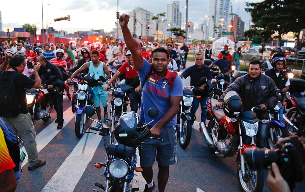 Motorcyclists take part in a protest against the rationing of water in Sao Paulo, Brazil.