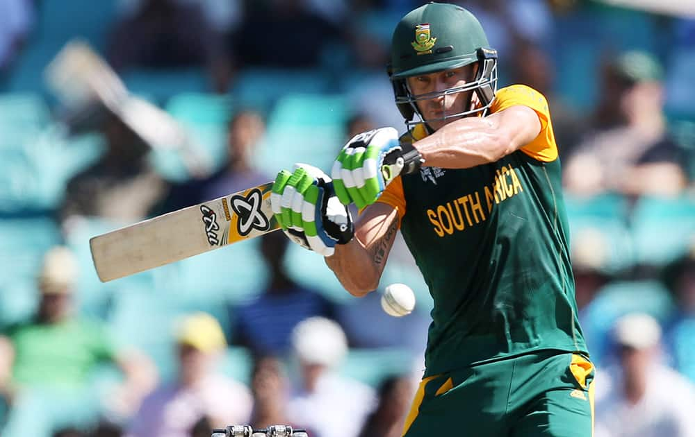 South Africa's Francois Du Plessis plays at the ball during their Cricket World Cup Pool B match against the West Indies in Sydney, Australia.