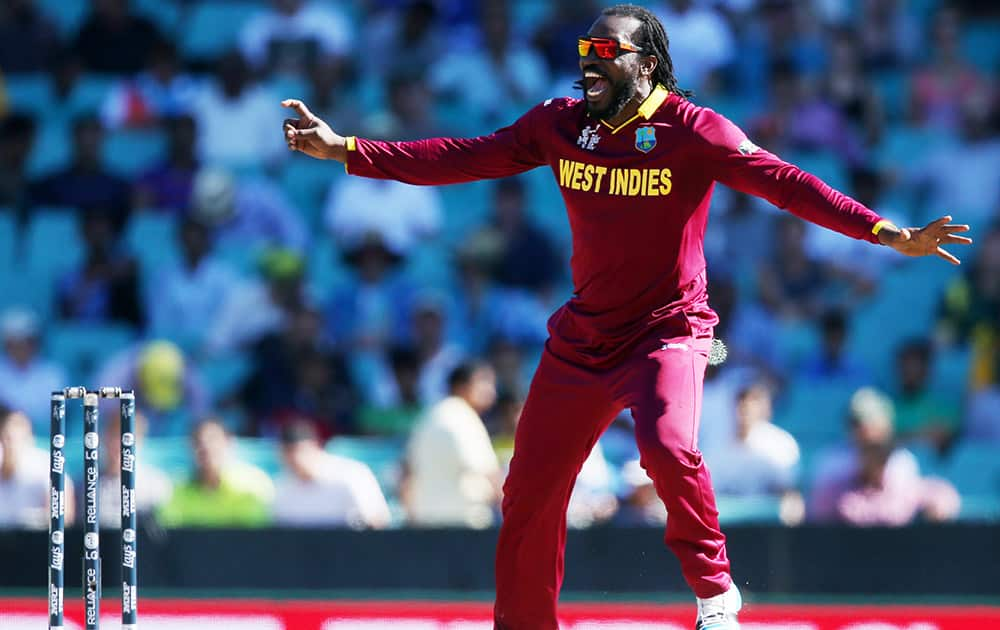 West Indies Chris Gayle celebrates after taking the wicket of South Africa's Hashim Amla during their Cricket World Cup Pool B match in Sydney, Australia.