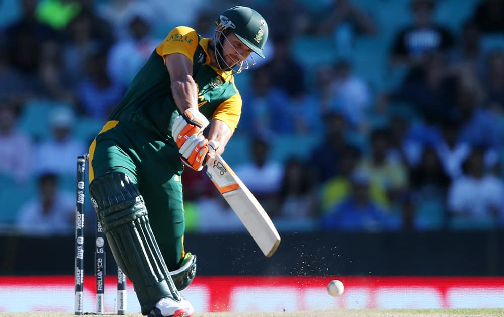 South Africa's Rilee Rossouw hist the ball during their Cricket World Cup Pool B match against the West Indies in Sydney, Australia.