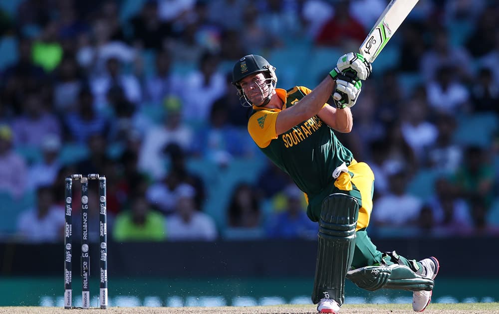 South Africa's AB De Villiers hits the ball to the boundary during their Cricket World Cup Pool B match against the West Indies in Sydney, Australia.