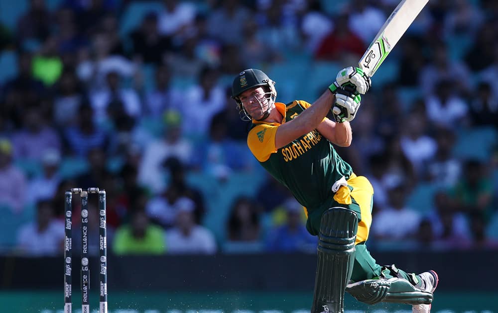 South Africa's AB De Villiers hits the ball to the boundary during their Cricket World Cup Pool B match against the West Indies in Sydney, Australia.