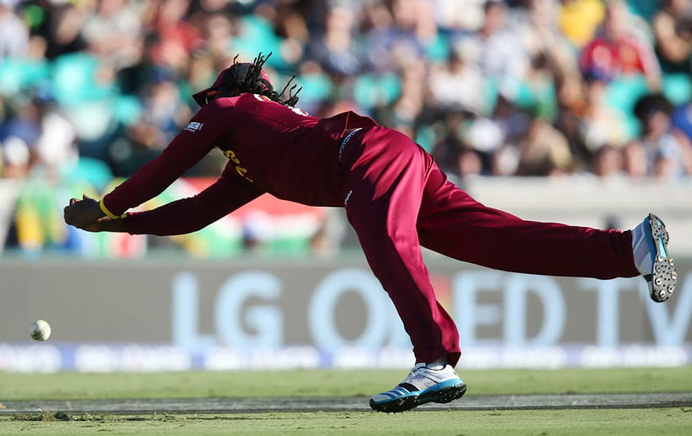 West Indies Chris Gayle drops a catch opportunity during their Cricket World Cup Pool B match against South Africa in Sydney, Australia.