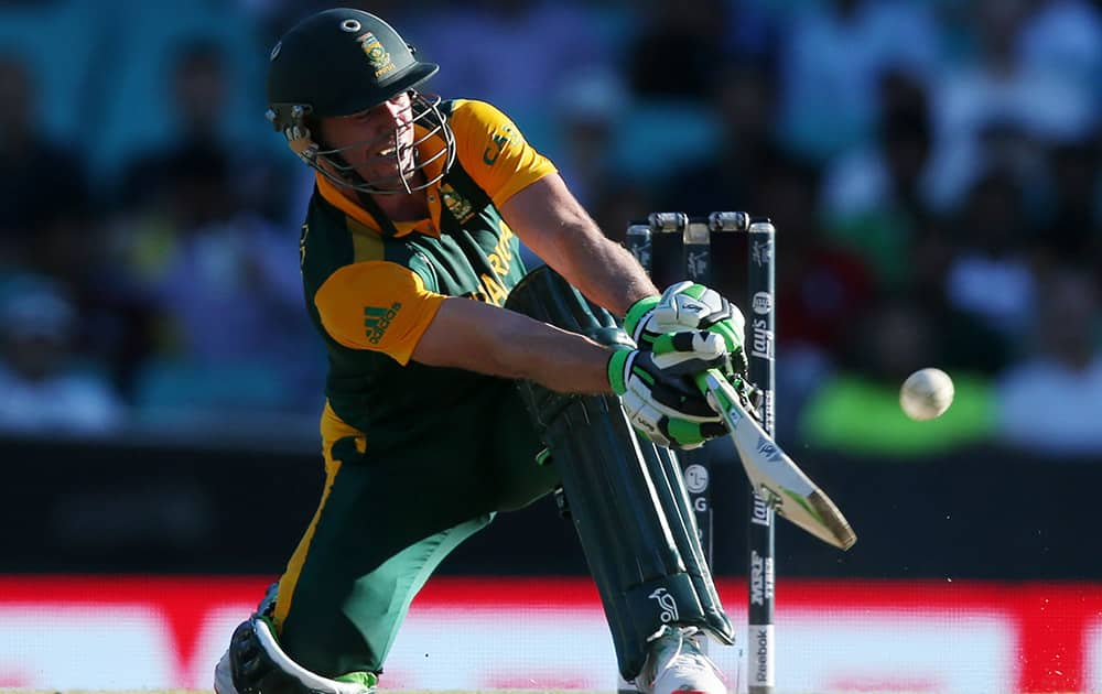 South Africa's AB De Villiers hits the ball for six runs during their Cricket World Cup Pool B match against the West Indies in Sydney, Australia.