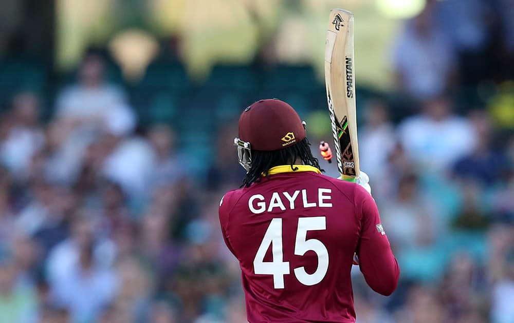 West Indies Chris Gayle is bowled for three runs during their Cricket World Cup Pool B match South Africa in Sydney, Australia.